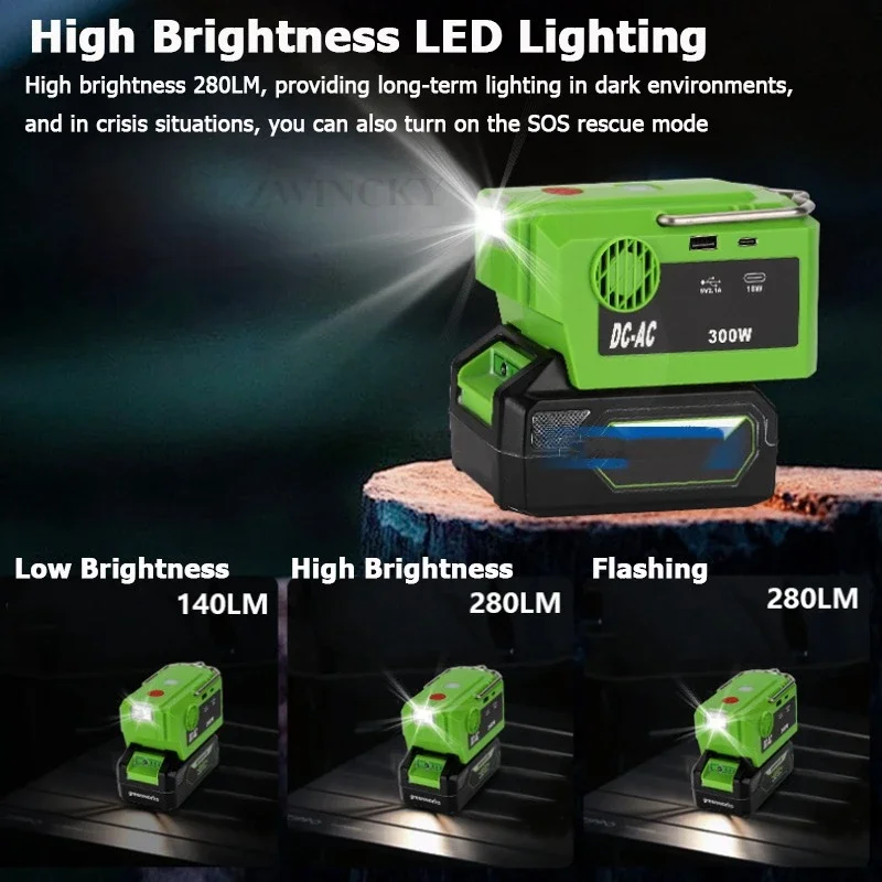 300W Power Inverter for Greenworks 40V Battery DC 40V to AC 110/220V-230V Battery Inverter Camping Travel Emergency Lighting