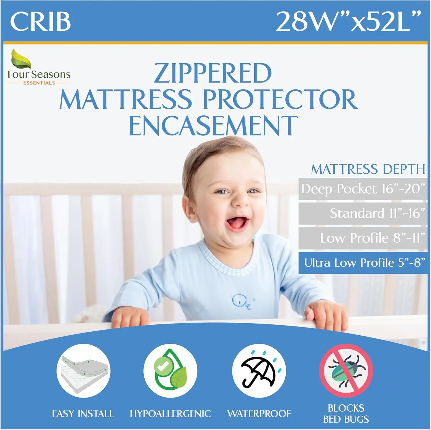 

Защитный чехол для коврика для кроватки, водонепроницаемый — чехол на молнии для малышей (размер кроватки — 28X52X6) белый