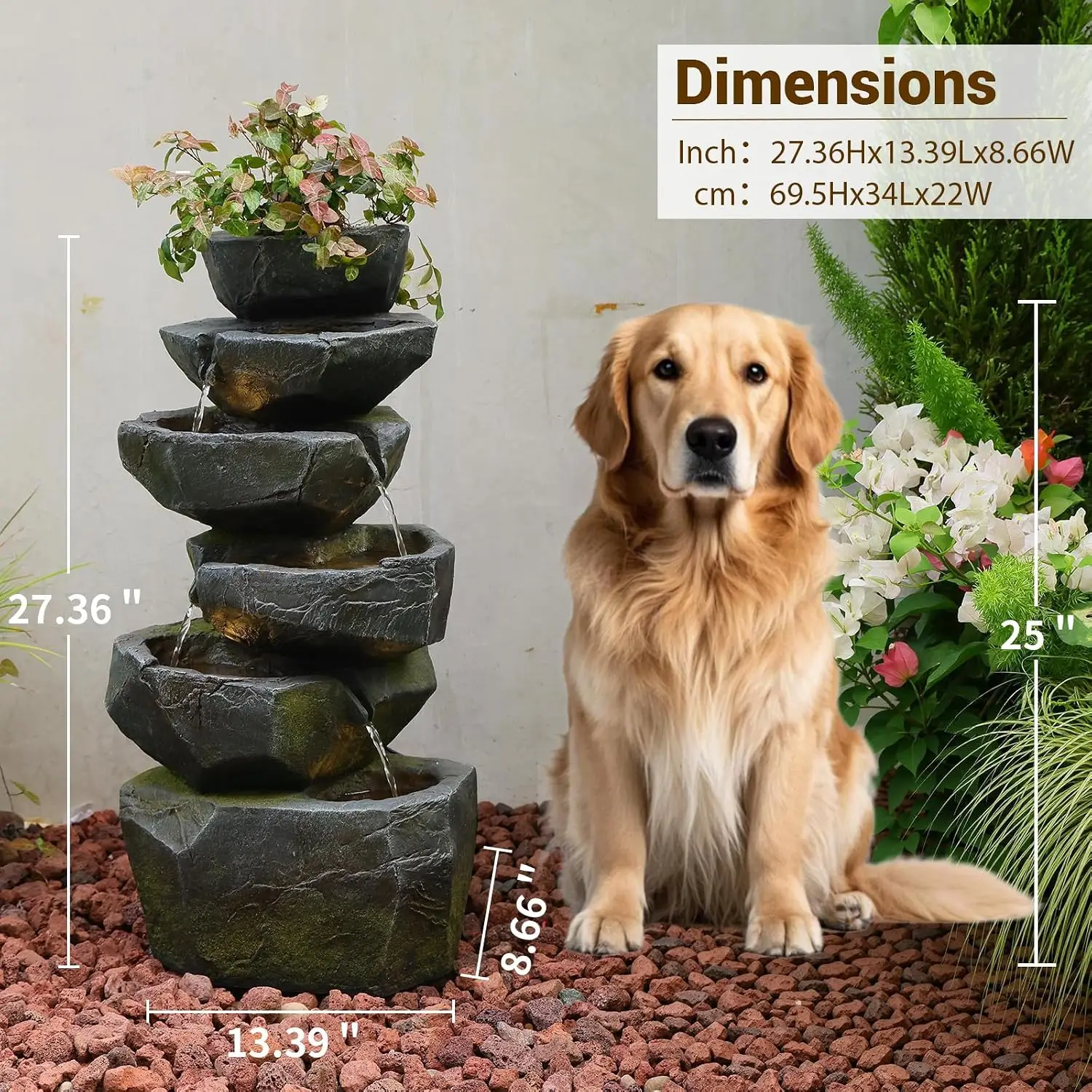 6-Tier Cascading Realistic Rock Outdoor Water Fountain, 27 in. High