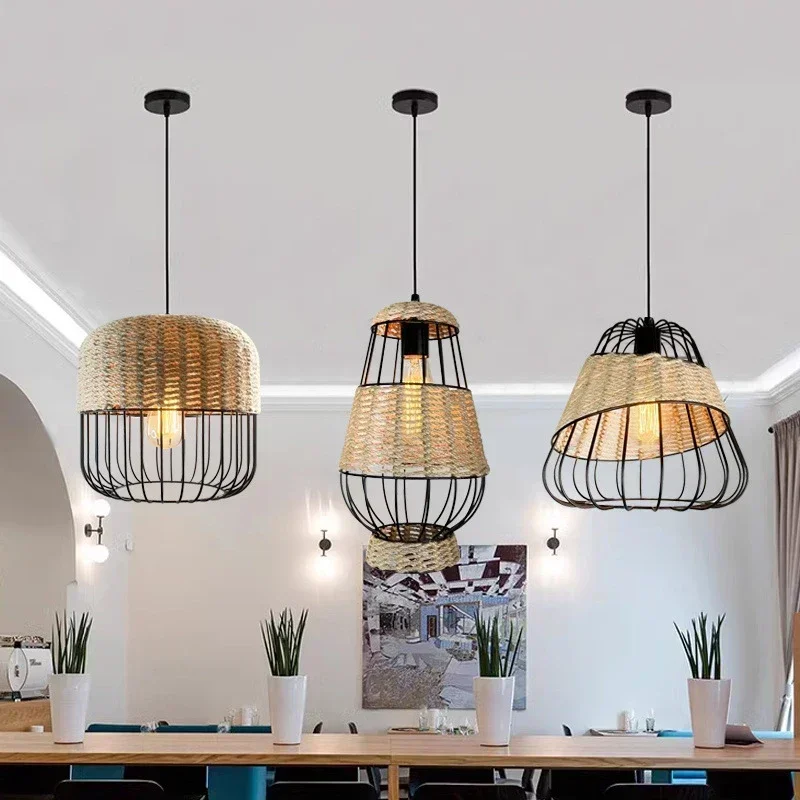 

American Iron Art Pendant Lights Hemp Rope Weaving Design Led Lamp Living Room Decoration Dining Table Lighting Fixtures