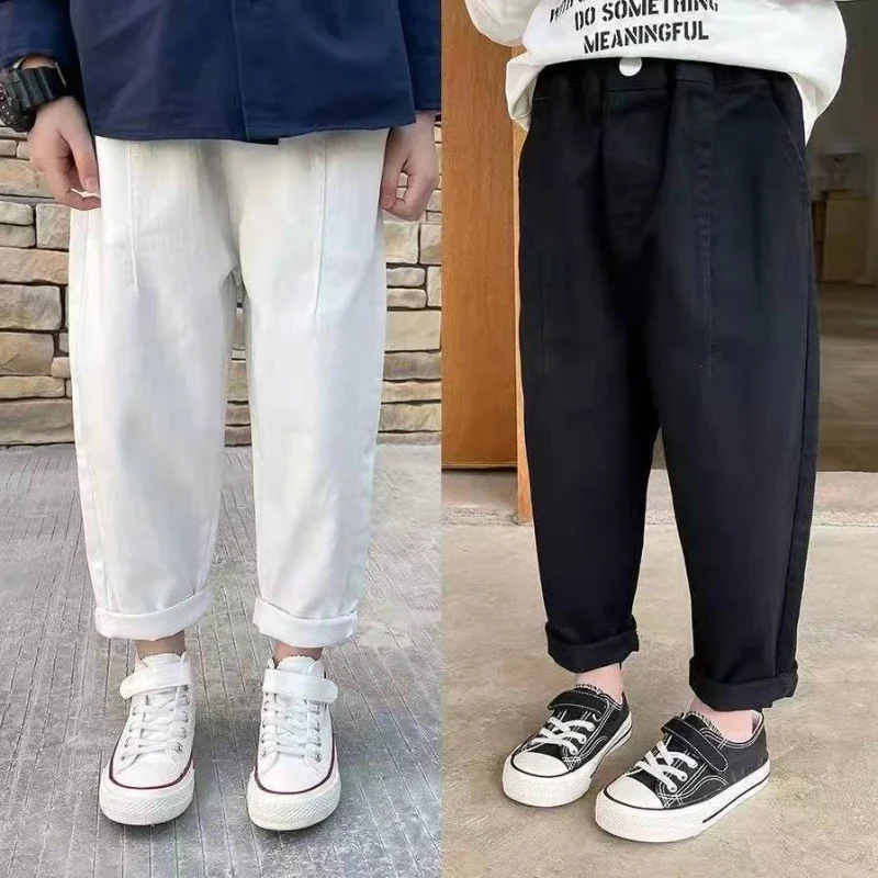

2025 Spring New Solid Color Korean Version Causal Fashion Loose Spliced Pocket Harajuku PantsCotton Boys Children's Clothing