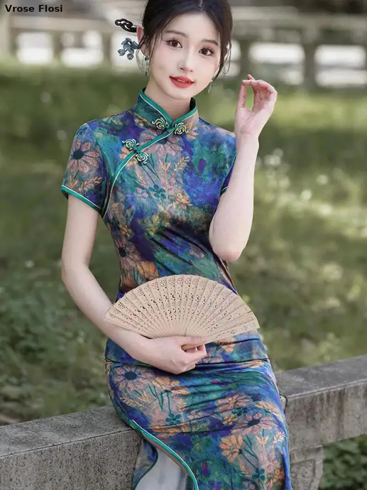 2025 Spring/summer Trendy Chinese Cheongsam Women's Qipao Elegant Satin Print Dress Plus Sizes 5xl Formal Party Wear Asian