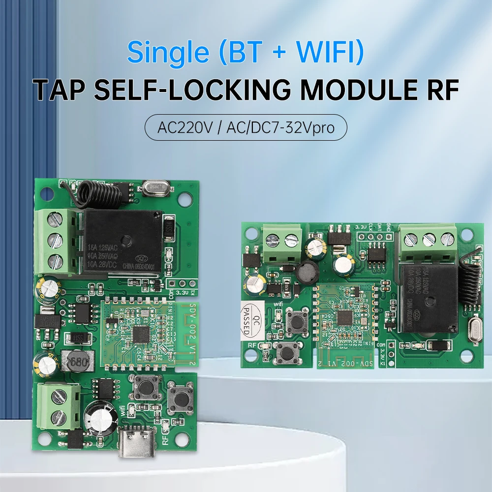 AC220V/DC5V-32V Pro 1 Channel Self-Locking Intelligent Wifi Bluetooth Relay Module Support eWeLink APP 433Mhz RF Smart Switch