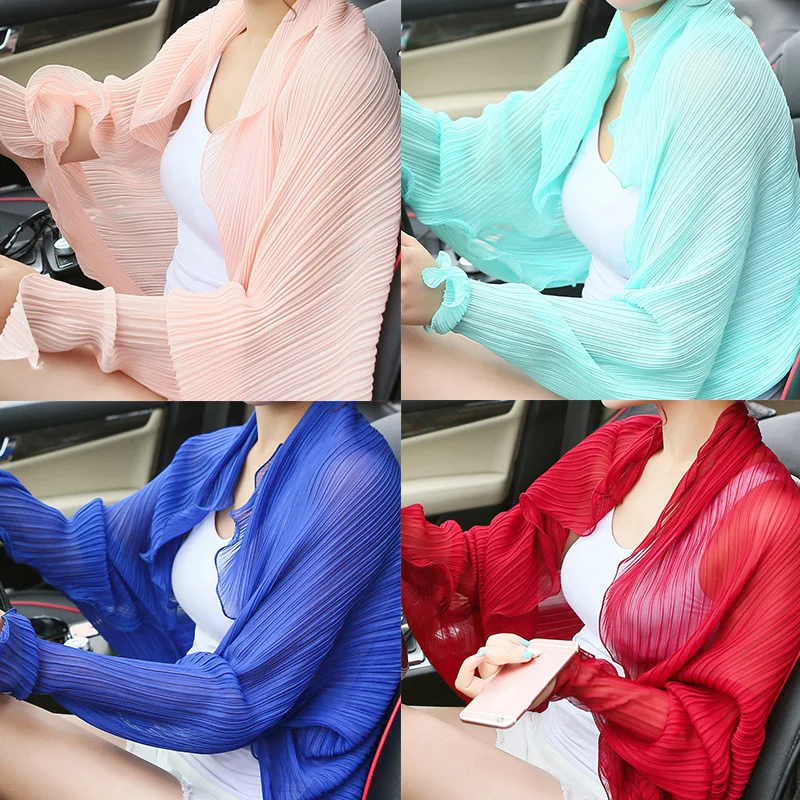 Spring Summer New Korean Solid Chiffon Sunscreen Arm Sleeves Shawl Scarf Driving Cycling Beach Sun Protection Vacation Shawls