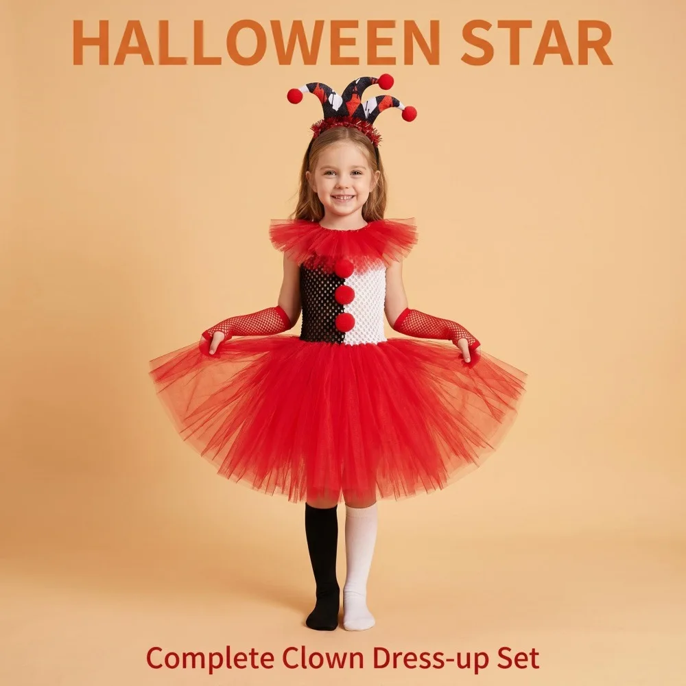 Halloween Tutu Dress Clown Style Fluffy Multi-layer Tulle Mesh Gown Bright Contrast Color Whimsical Lightweight Sheer Outfit