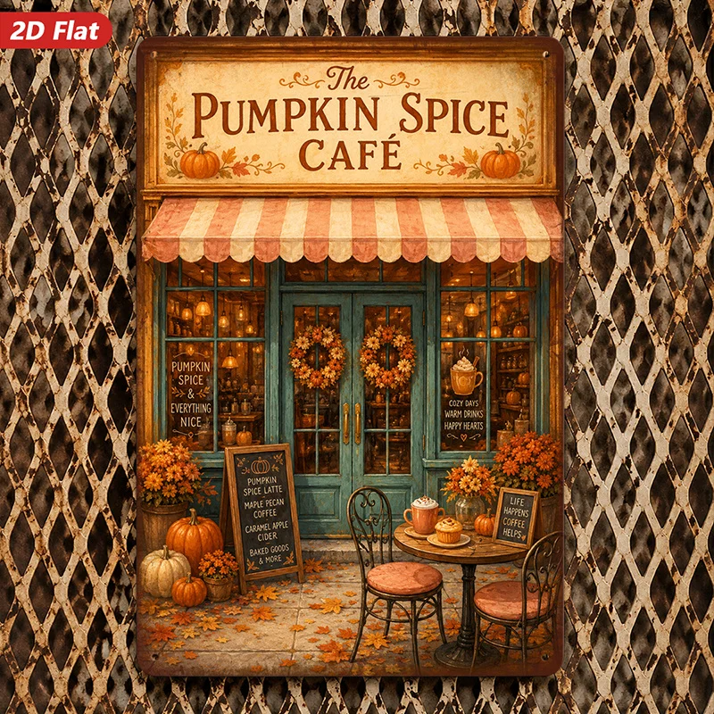 2D Flat, 1pc Metal Sign Wall Art, The Pumpkin Spice Cafe Home Decor, Fall - Themed, Cafe Scene, Wreath Decor, for Living Room, K