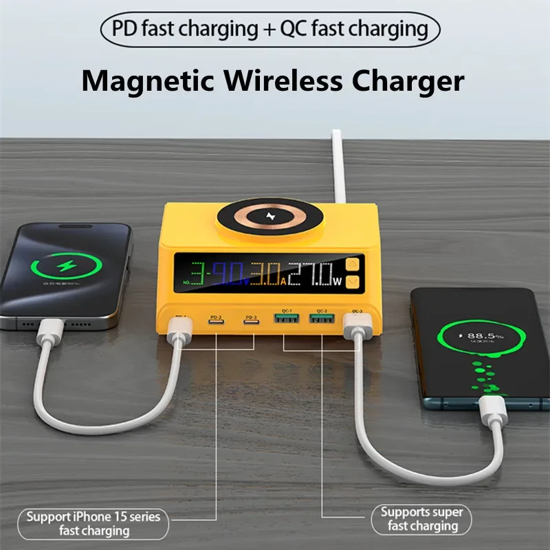 110w-6ポートusb充電ステーション、高速磁気ワイヤレス充電、qc30-pd30急速充電、全機種対応（携帯電話、ノートパソコン、iphone、ipad、xiaomi）