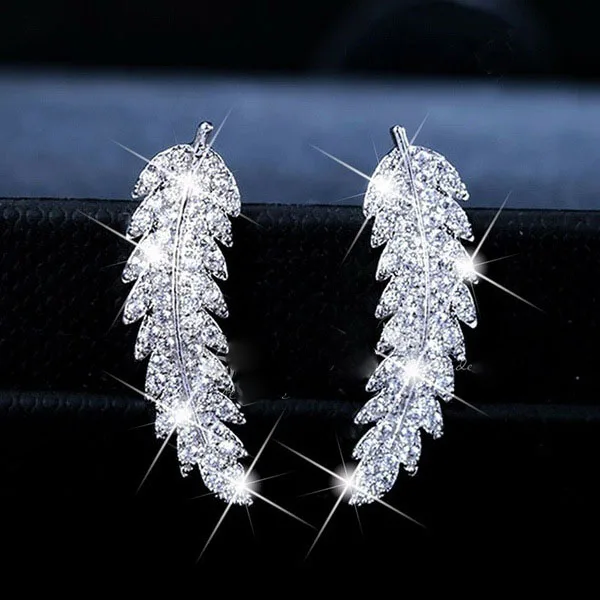 Fashion Feather Stud Earrings For Women Wedding Fine Jewelry Angle Wing CZ Leaves 925 SIlver Needle Earrings Pendientes Gifts