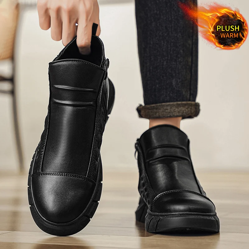 Botas de couro masculinas inverno quentes e confortáveis botas Chelsea de cano alto