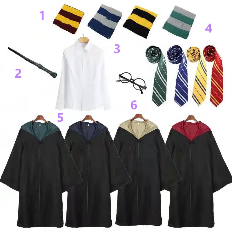 Disfraz de Harry Potter para adultos y niños, conjunto de 6 piezas, Escuela mágica, pañuelo, gafas, sombrero, Par