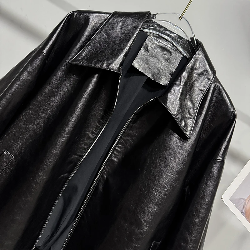 高品質レディース服オイルワックスシープスキンコートジッパー袖タブゆったりカジュアルスタイル新作アウターウェア本革ジャケット