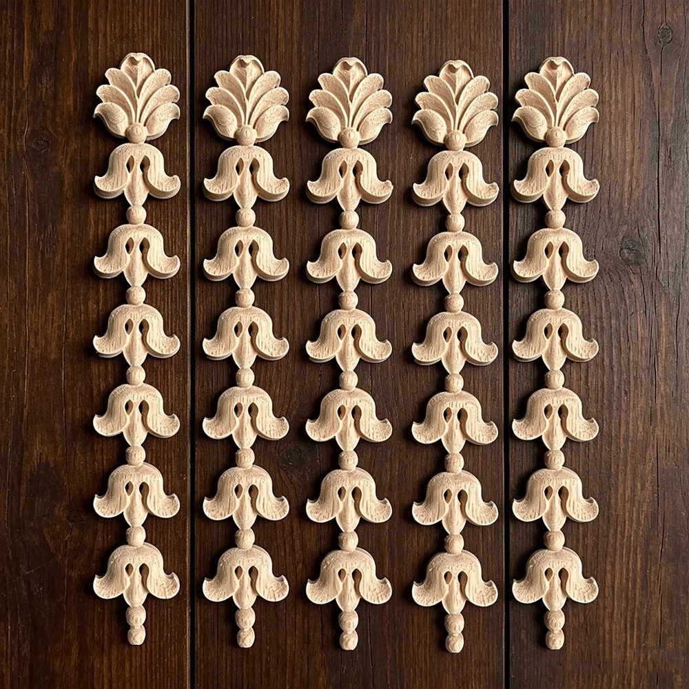 

5PCS 28cm Modern Carved Floral Wooden Furniture Decoration Accessories Cabinet Corner Doors Wood Figurines Onlay Wood Applique