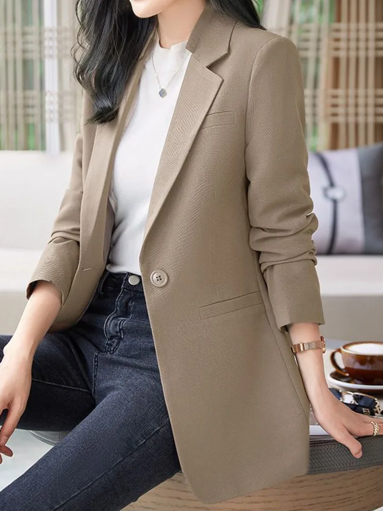 Women Chic Office Lady Blazer Fashion Long Sleeve Solid Color Single Button Classic Temperament Elegant Chic Blazers