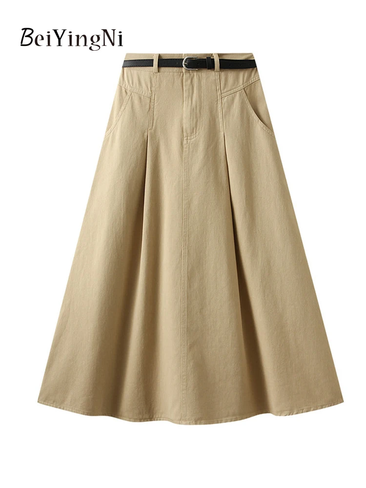 

Beiyingni 2024 Autumn Winter Vintage Women's A-line Skirt With Belt Black Khaki Casual Fashion Korean High Waisted Midi Skirts