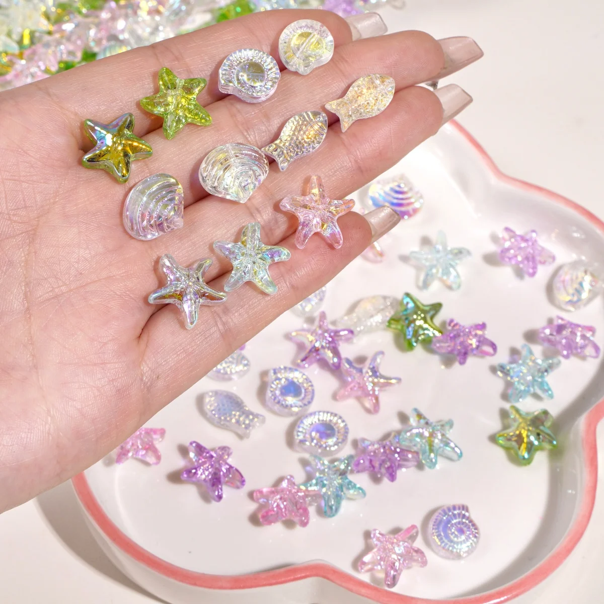 5Pcs AB Plated Glass Starfish Shell Snail Fish Shape Loose Beads Ocean Charms For DIY Bracelet Keychain Jewelry Making Materials