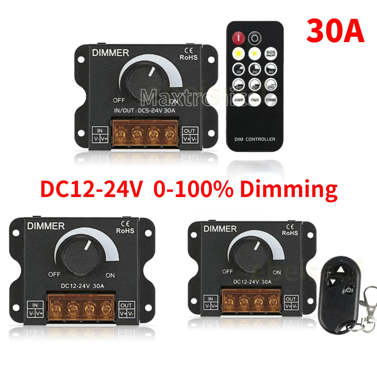 LED Knob Dimmer 30A High Power Adjustable Potentiometer Knob Dimming Switch Controller and RF Wireless Remote Control DC 12V 24V