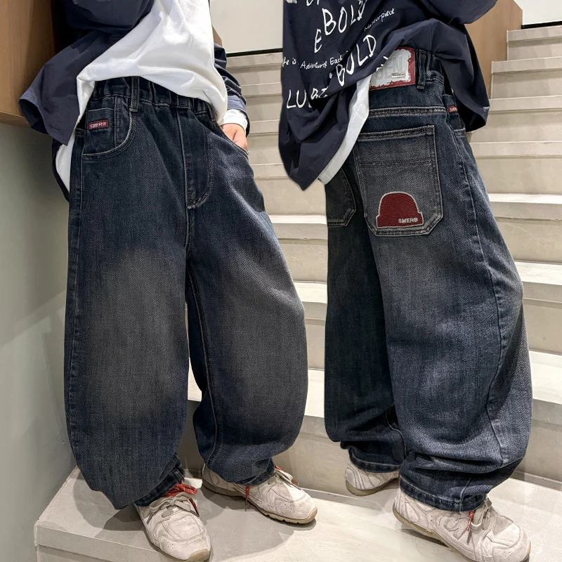 

Boy Jeans Ages 6-14Y Child Long Pants Tween Boy Denim Student Spring Autumn Trousers Toddler Vintage Pocket Hat Embroidery Jeans