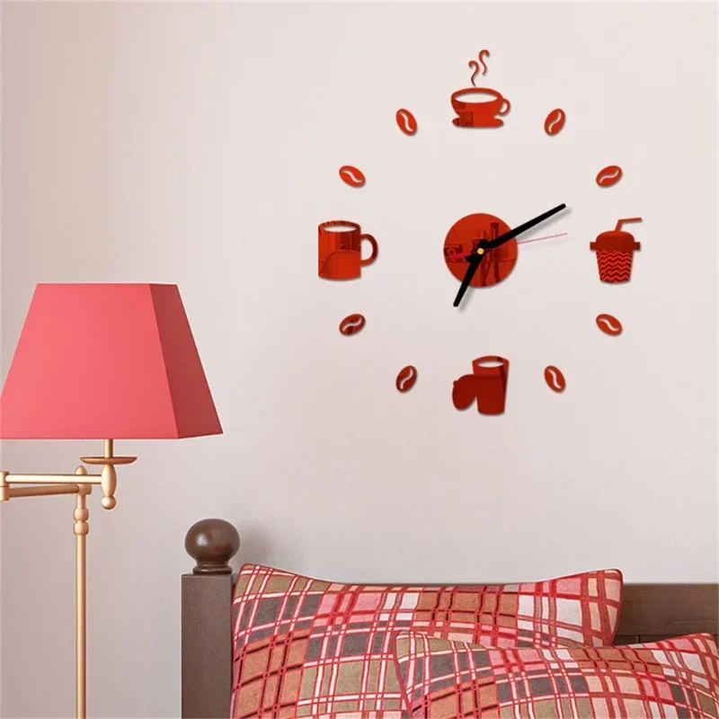 DIY Large Wall Clock Frameless Giant Clocks Mirror Sticker Modern Design Cafe Coffee Milk Drinking Cup Wall Decor For Kitchen