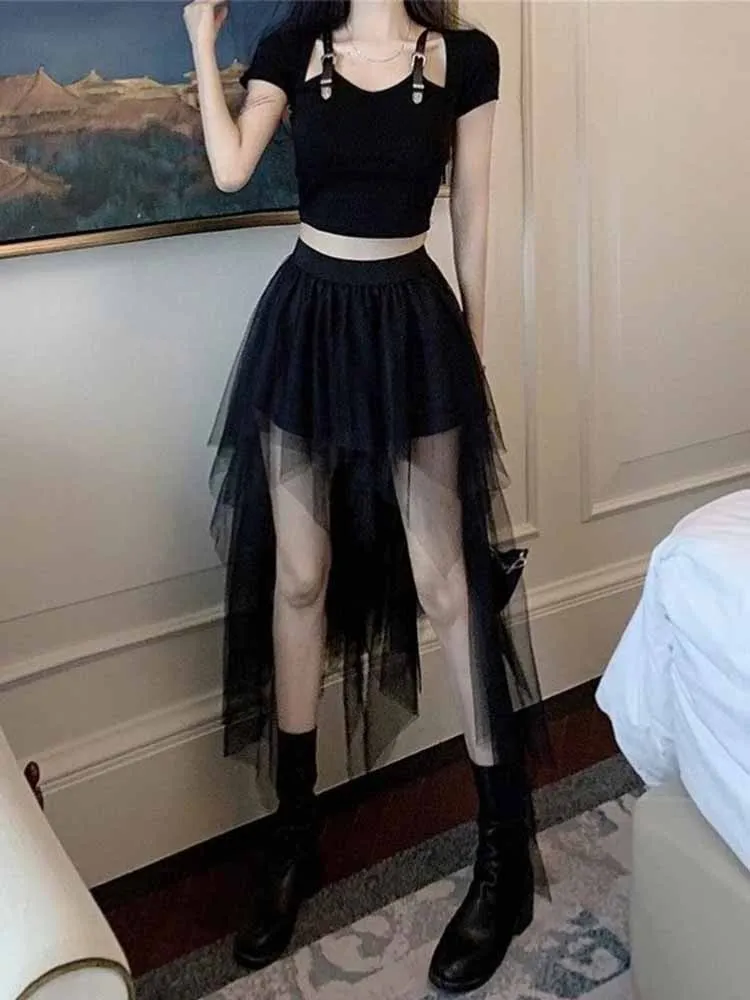Women's Edgy Aesthetic Set Cut Out Detail Top Asymmetric Tulle Overlay Skirt Spring Summer 2026 Elegant Chic Outfit