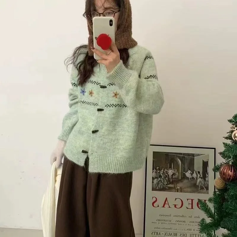 

Ленивый стиль, желтый вязаный кардиган с роговицами для женщин, осень-зима, новый свободный ретро-свитер с длинными рукавами и толстой вязки, куртка