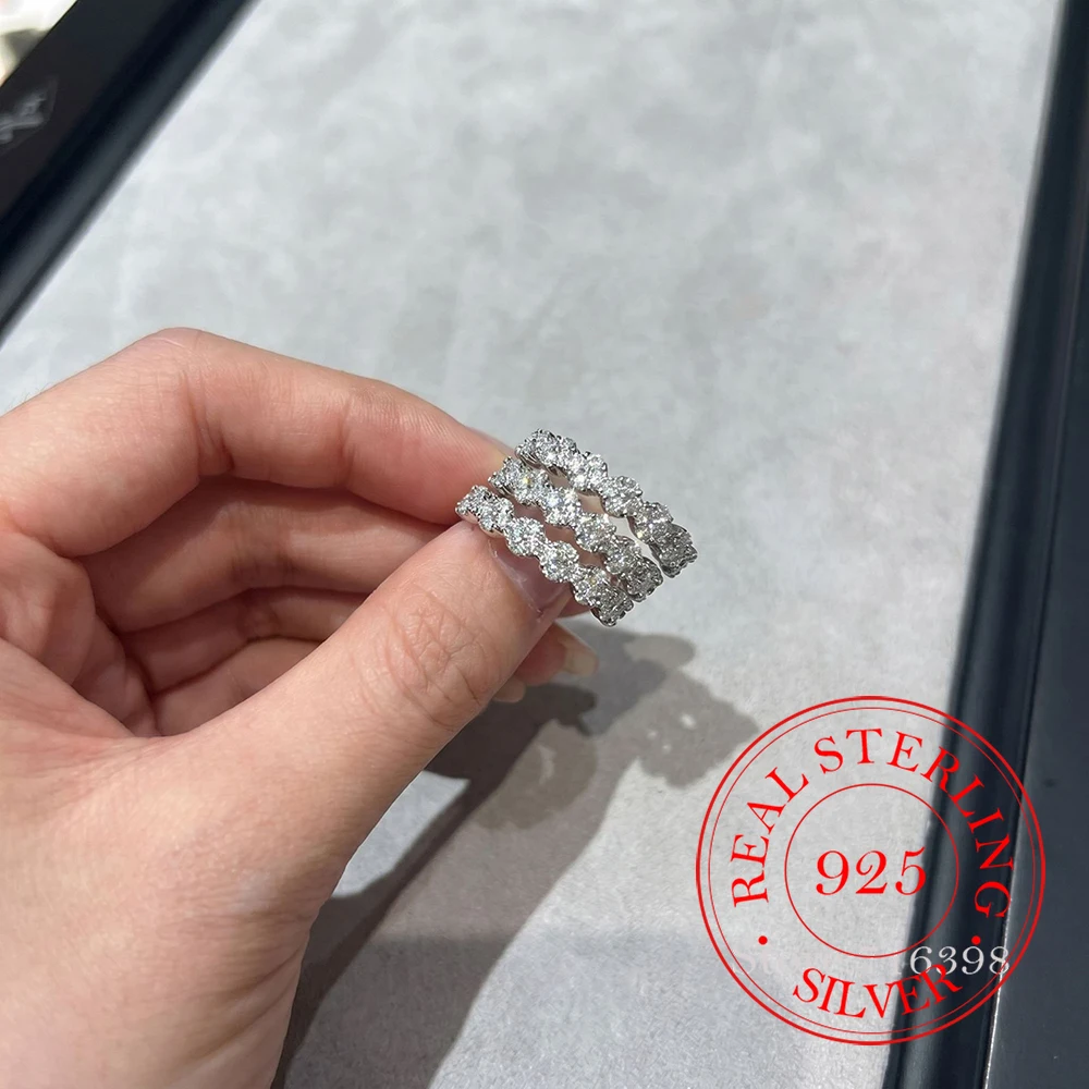 925 Sterling Silver Jewelry Luxury Crystal 3 Lines Exaggerated Finger Rings for Women Wedding Party Jewelry Girls Friends Gift