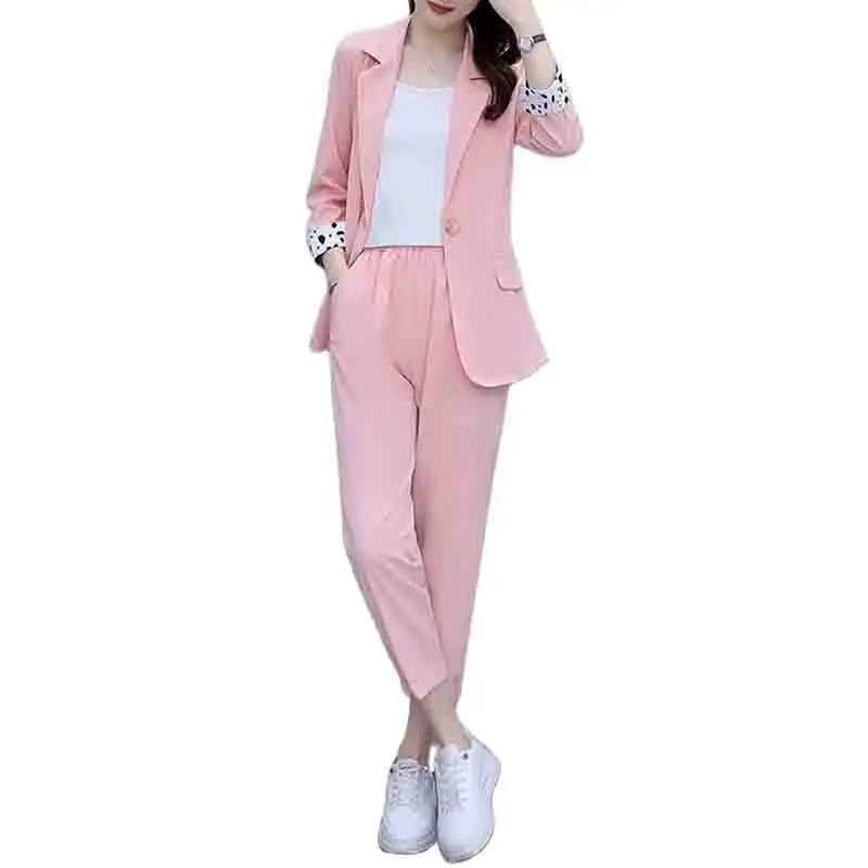 

Elastic Waist Ladies Suit Spring Summer New Temperament 2 Piece Set Loose Suit Coat Women's Cropped Sleeves + Pants Suit