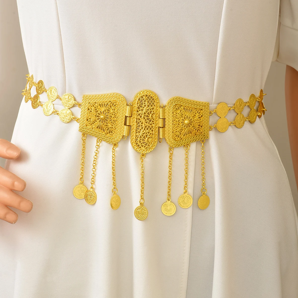 Handmade Adjustable Middle Eastern Palace-Style Hollow Gold Coin Tassel Belt, Wedding Accessory For Traditional Bridal Rituals