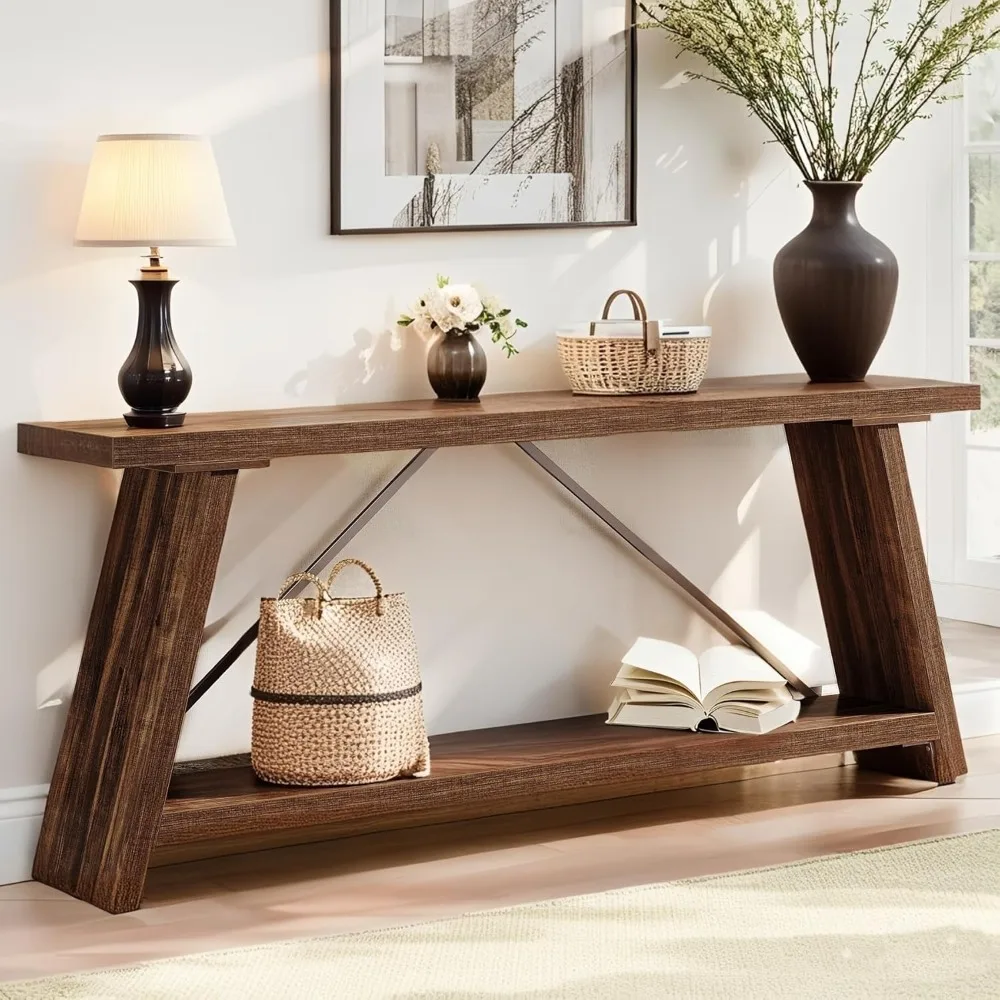 طاولة أريكة طويلة جدًا مقاس 70.9 بوصة مع مساحة تخزين لخلف الأريكة، وطاولة وحدة تحكم على الطراز الصناعي لمدخل المدخل والمعيشة #3