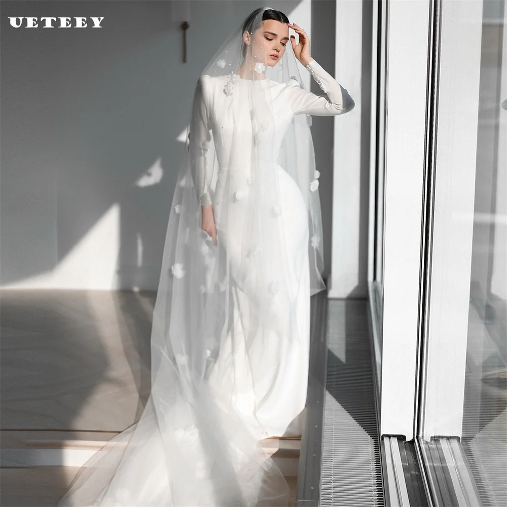 UETEEY Customized Muslim O Neck Long Puff Sleeves Crepe Mermaid Wedding Dress Women Zipper Back Floor Length vestidos de novia