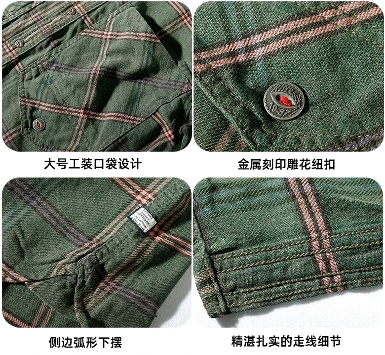 8012# Autumn Europe America Simple Fashion Plaid Youth Long-Sleeve Blouses Washed Oxford Cloth Business Men's Multi-pocket Shirt