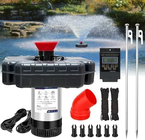 

Pond Fountain Aerator, 1 HP 15,000 Gallons/Hour Pond Fountain with Timer, 15 Amps/110 Volts 100-Foot Power Cord, Energy-Efficien