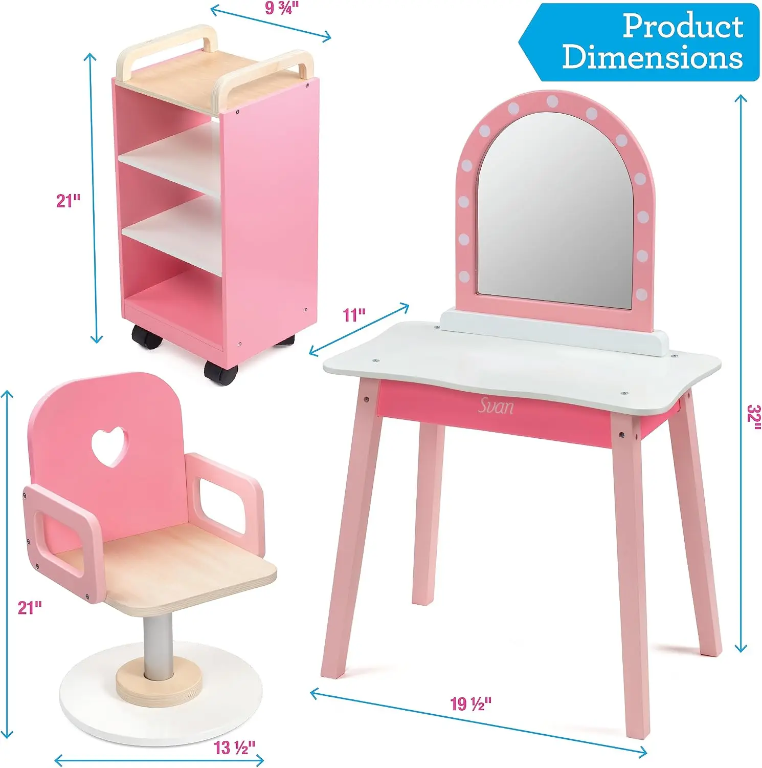 Wooden Pretend Hair Salon Playset Full Vanity Mirror Chair Rolling Cart
