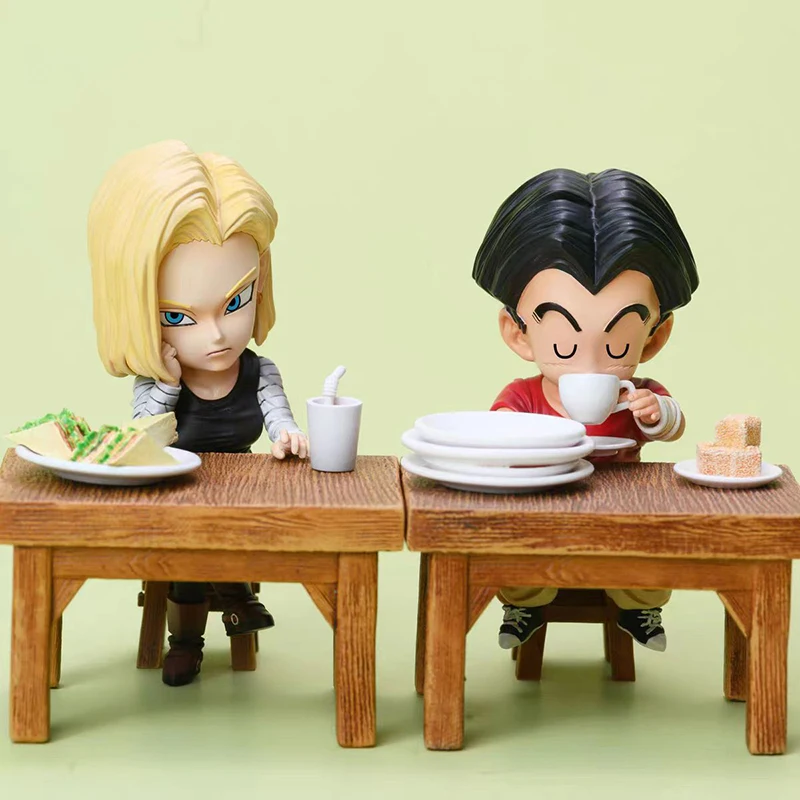 Anime Android18 Dragon Ball Z Figure Kuririn Action Figure Dining Scene Saiyaman Gohan Figurine Eating Food Statue PVC Model Toy