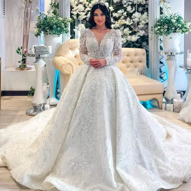 Flavinke Gaun Pengantin Manik-manik Kustom 2025 Gaun Pesta Payet Renda Gaun Pengantin Lengan Penuh Leher O Gaun Pengantin Berenda Vestidos De Novia