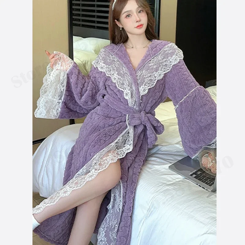 Sweet Sexy Lace Nightgown Coral Fleece Thick Long Robe Winter New Warm Sleepwear Female Lingerie Hooded Kimono Bathrobe Gown