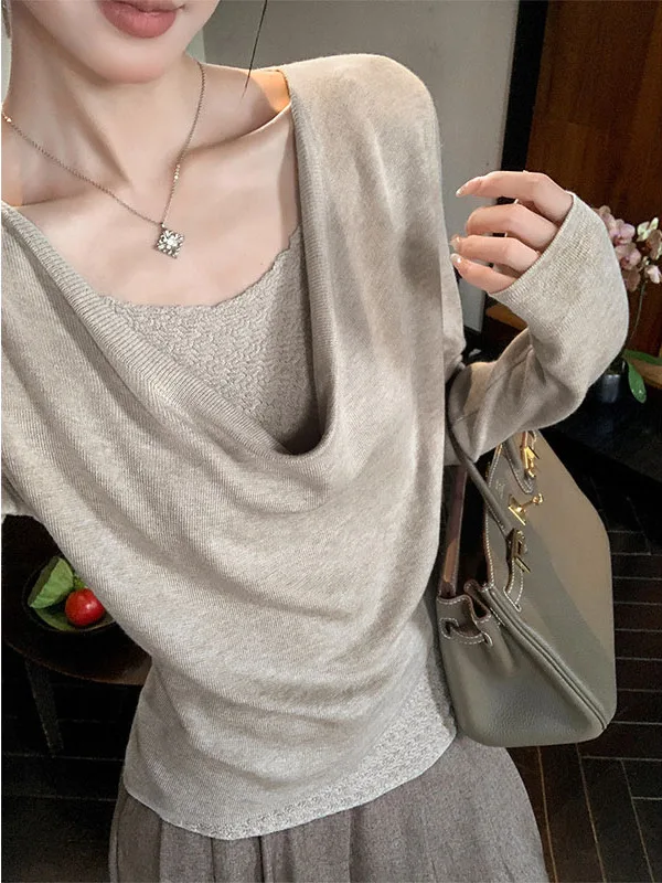 Unique Knitted Long Sleeve Base Shirt Women's Slim Fit Autumn Design Sense Inner And Outer Wear Oats Color Top Quality Fashion