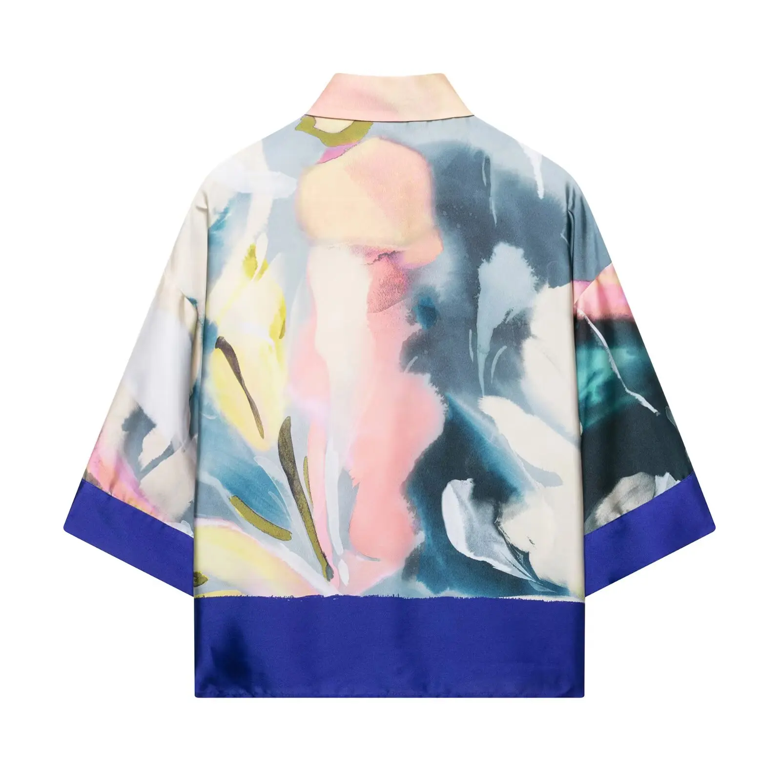 Zevity Women Fashion Contrast Color Tie Dyed Print Casual Smock Blouse Office Lady Kimono Shirt Chic Chemise Blusas Tops LS9123