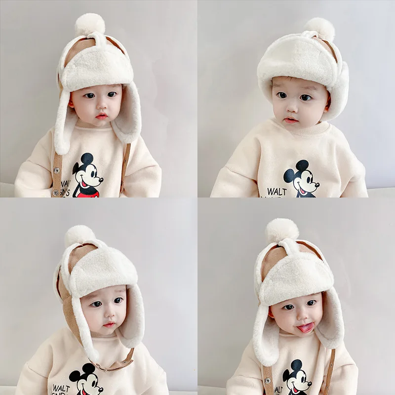 Soft Plush Children's Hat For Kids Ear Protection Thicken Cap Adjustable Kids Earflaps Winter Baby Pompom Earmuffs Baby Beanies