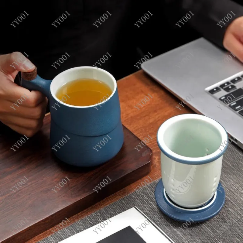 Black Ceramic Tea Cup With Wooden Handle Filter Retro Office Water Mug Creative Drinkware