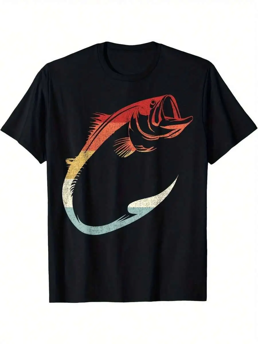Men Vint Fishing Graphic T-Shirt Black With Red Hook Jumping Fish Dign Soft Breathable Fabric Round Neck Short Sleeve Tee 100%