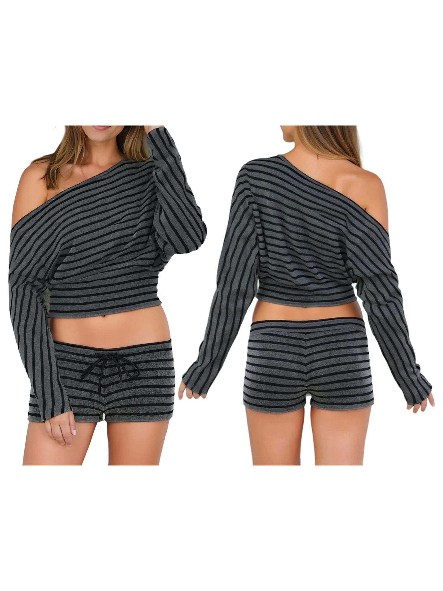 Women s Casual Two Piece Set Trendy Off Shoulder Striped Crop Top with Long Sleeves and Matching Elastic Waist Shorts