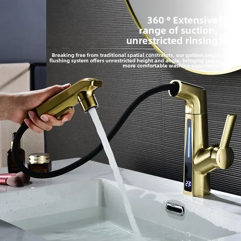 Golden bathroom faucet, all-copper digital display basin faucet, bathroom can be lifted and pulled down, basin hot and cold Taps