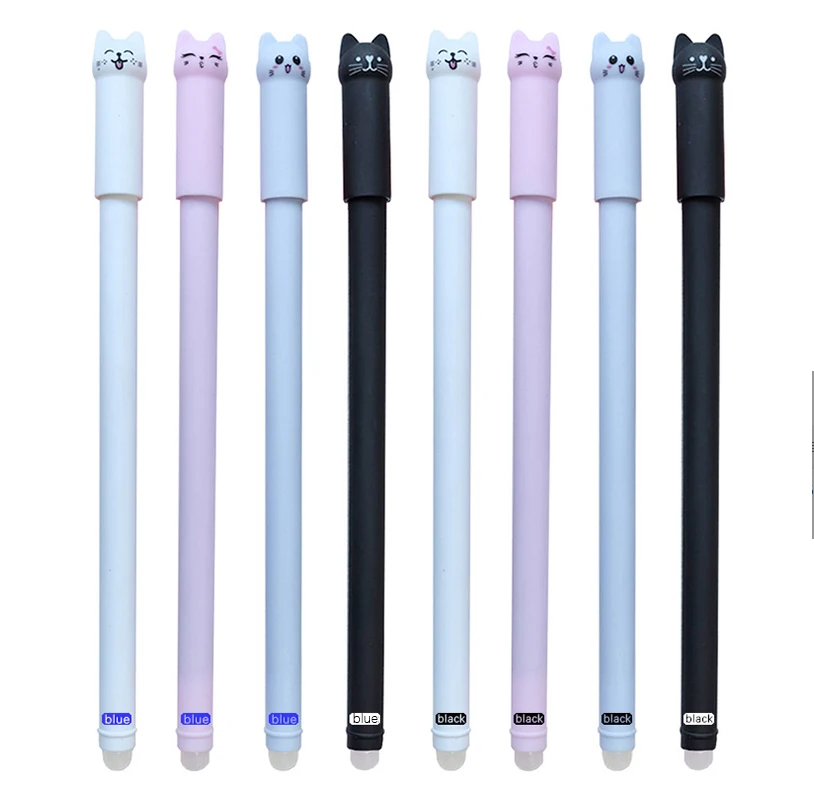 Kawaii Cat-bolígrafo de Gel borrable de 0,5mm, tinta mágica azul y negra, juego de bolígrafos con goma de borrar, Escuela creativa, regalos para