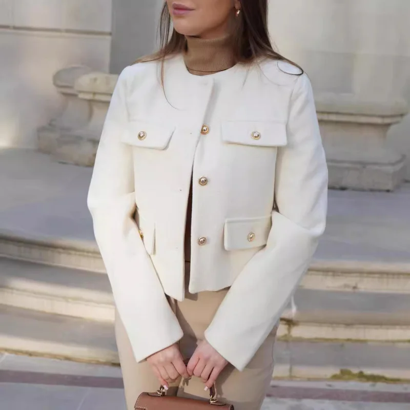 여성용 가을 신상 유럽 및 미국 스타일 포켓 장식 라운드 넥 숏 패션 탑