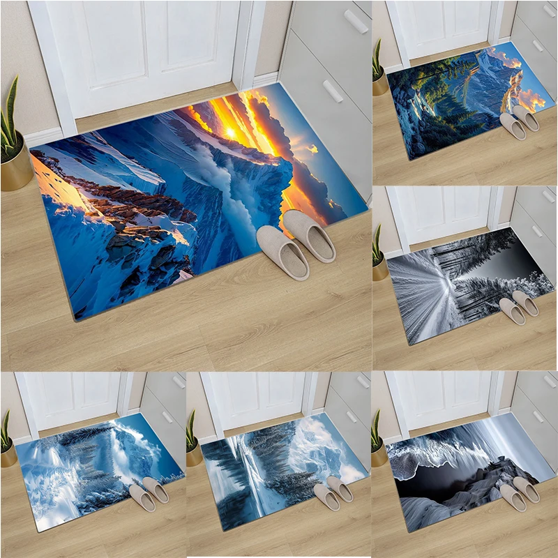 Fußmatte mit Naturlandschaftsmuster, Schnee, Berg, Meer, Welle, Winterwald, Designs, rutschfeste Bodenmatte für Zuhause, Eingang, Dekoration