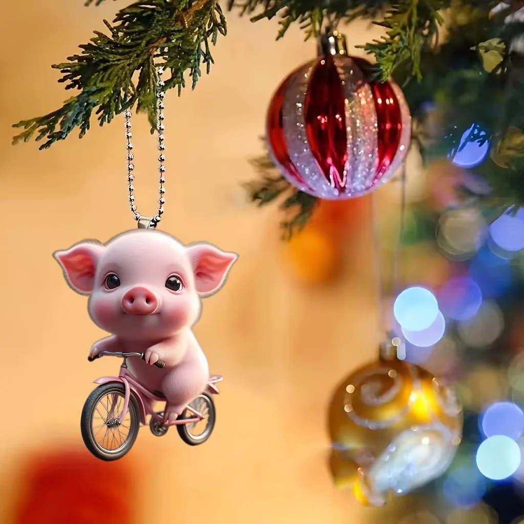 2D Acrylic Bicycle Little Pig Car Rearview Mirror Decorative Pendant, Bag Keychain Pendant, Home Decoration Pendant