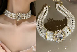 Crystal Pearl Multi-layer Short Choker Necklace Design Light Luxury Collar De Perlas