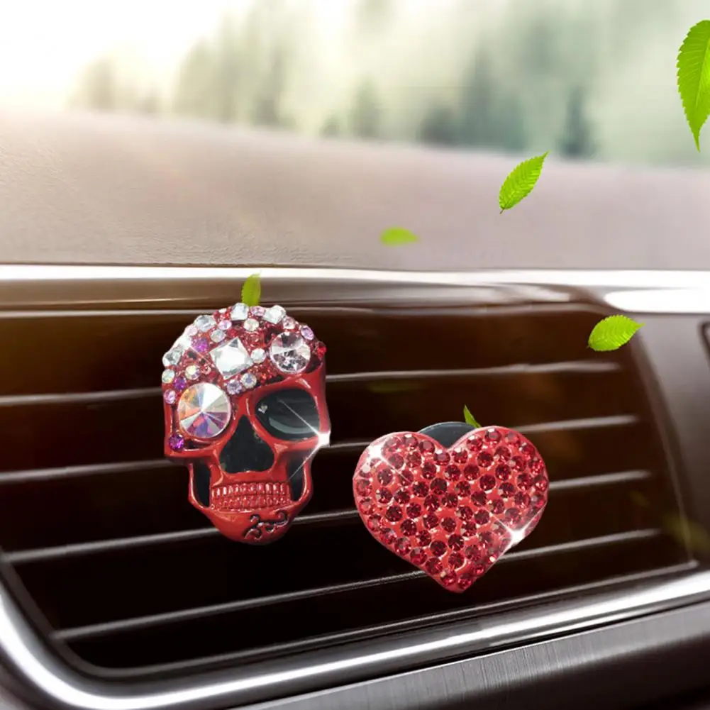 Skull Car Accessories Unique Car Gift for Men 2 Pcs Rhinestone Skull Heart Car Air Vent Clips Shiny Dashboard Trim Ornaments