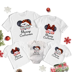 Disney Christmas Shirts Funny Santa Hat Mickey Minnie Mouse Print Family Matching Outfits Cotton Dad Mom Kids Tees Baby Rompers