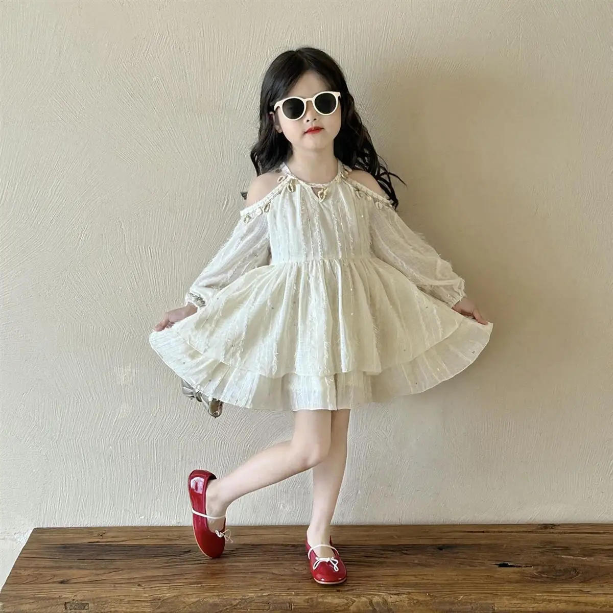 Spring Autumn Girls Long Sleeve Dress New Children's Korean Style Western Princess Dress Birthday Dress Sparkling Shoulder